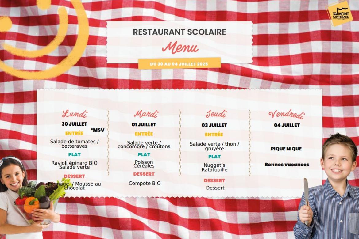 📢 Menus du restaurant scolaire – Semaine du 30 Juin au 04 Juillet 2025 🥗🍎