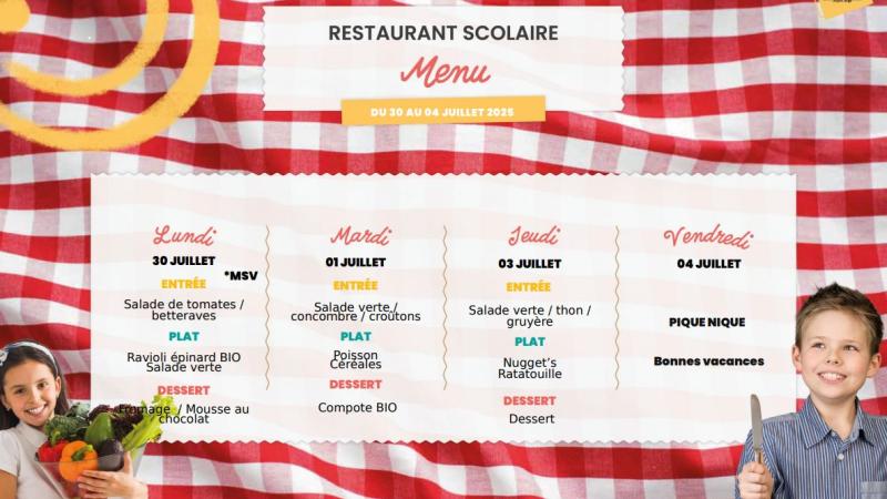 📢 Menus du restaurant scolaire – Semaine du 30 Juin au 04 Juillet 2025 🥗🍎