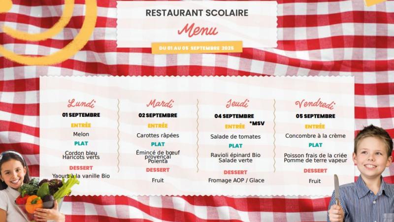 📢 Menus du restaurant scolaire – Semaine du 01 Septembre au 05 Septembre 2025 🥗🍎
