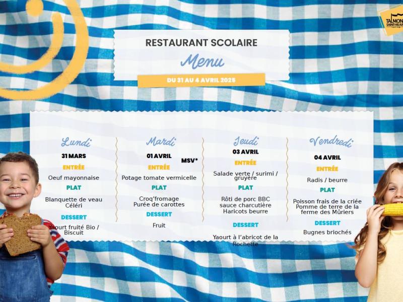 📢 Menus du restaurant scolaire – Semaine du 31 mars au 04 avril 2025 🥗🍎