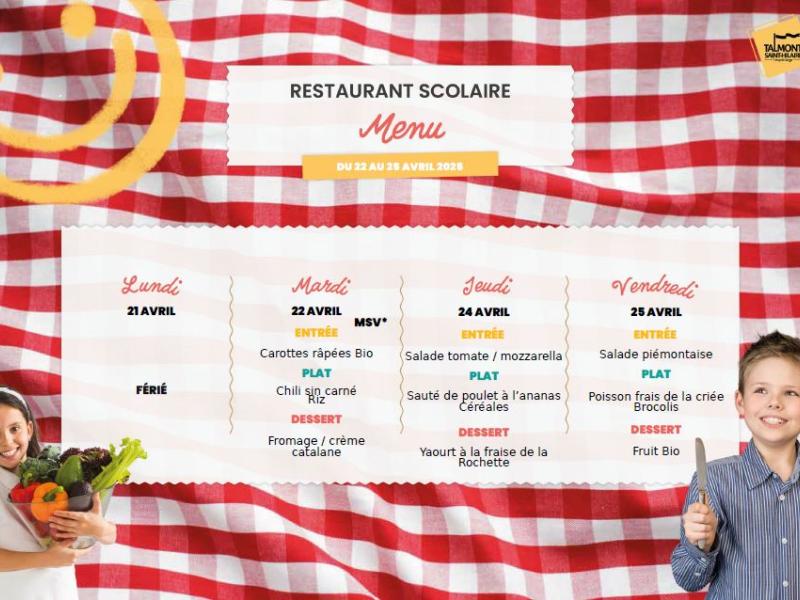 📢 Menus du restaurant scolaire – Semaine du 21 au 25 avril 2025 🥗🍎