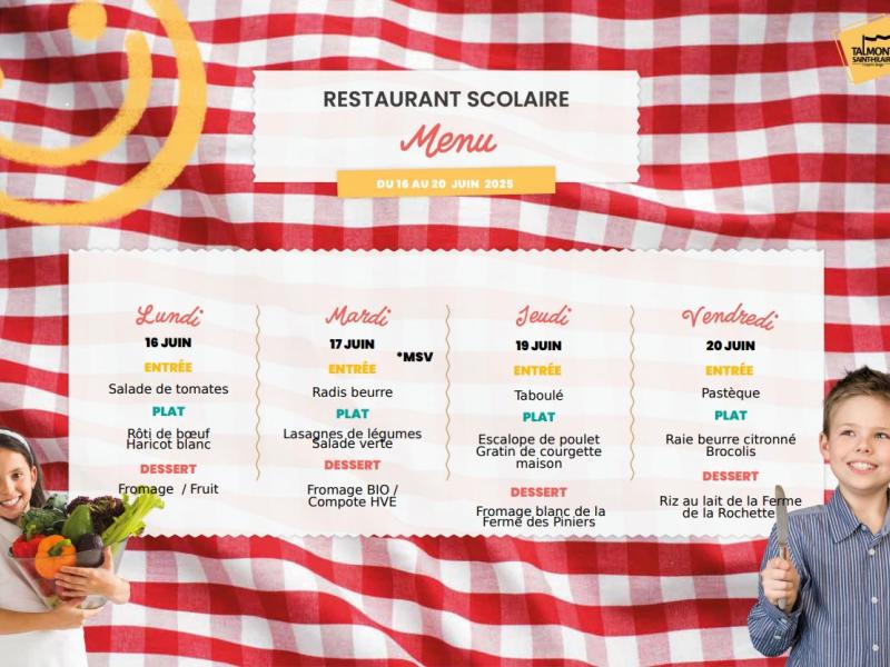 📢 Menus du restaurant scolaire – Semaine du 16 Juin au 20 Juin 2025 🥗🍎