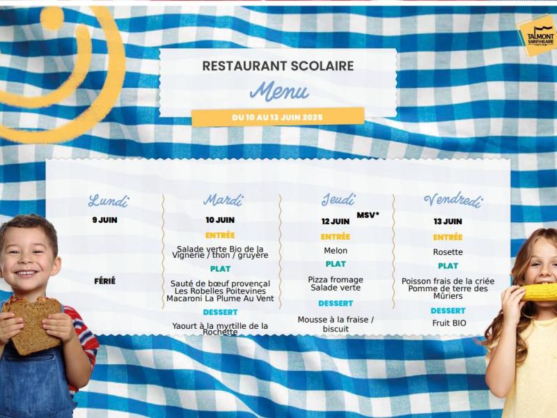 📢 Menus du restaurant scolaire – Semaine du 09 Juin au 12 Juin 2025 🥗🍎