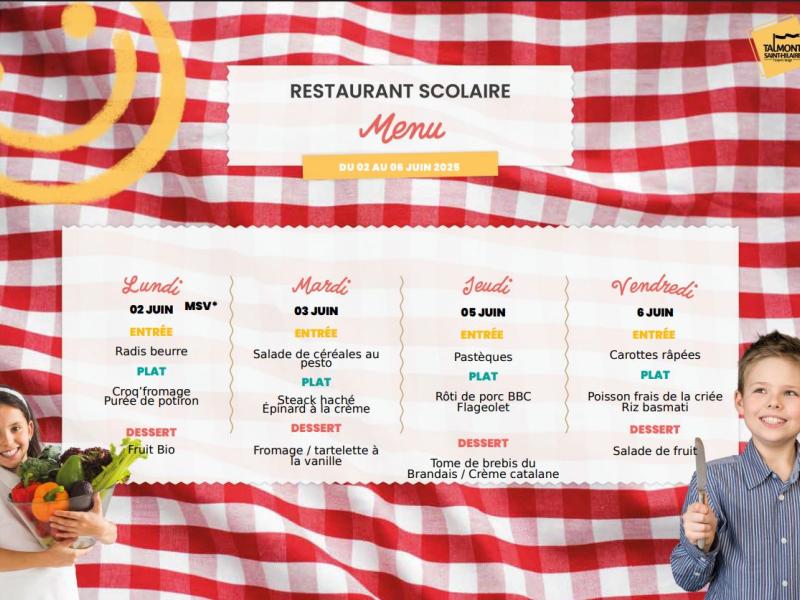 📢 Menus du restaurant scolaire – Semaine du 02 Juin au 06 Juin 2025 🥗🍎