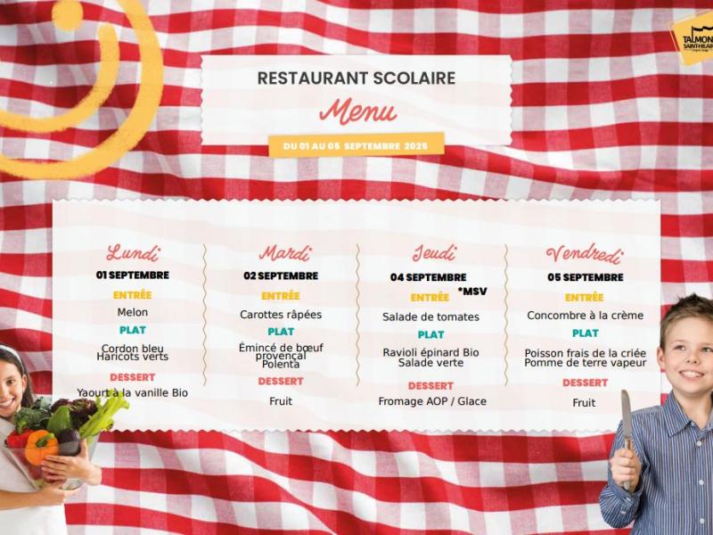 📢 Menus du restaurant scolaire – Semaine du 01 Septembre au 05 Septembre 2025 🥗🍎