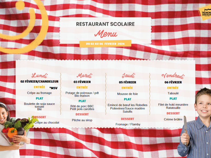 📢 Menus du restaurant scolaire – Semaine du 02 février au 06 février 2026🥗🍎
