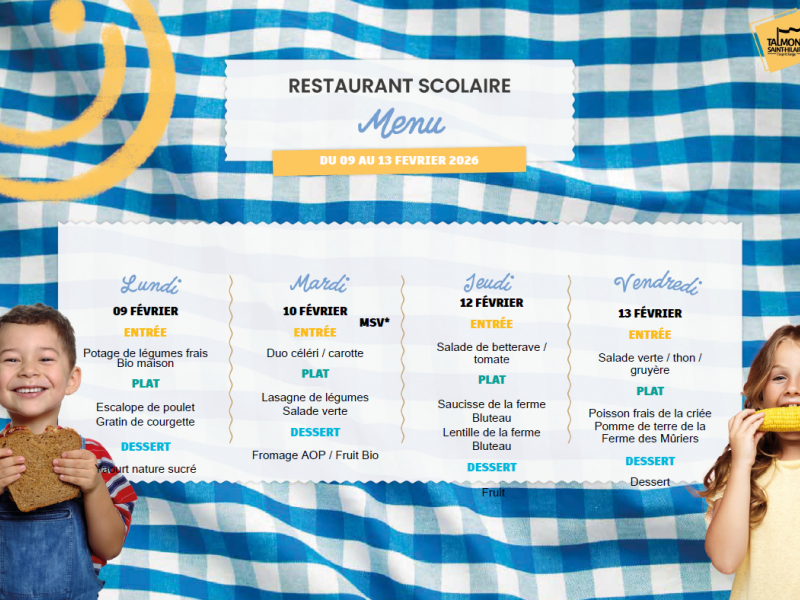 📢 Menus du restaurant scolaire – Semaine du 09 février au 13 février 2026🥗🍎