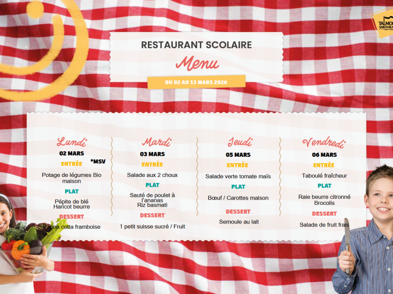  🍽️📢 Menus du restaurant scolaire – Semaine du 02 mars au 06 mars 2026🥗🍎